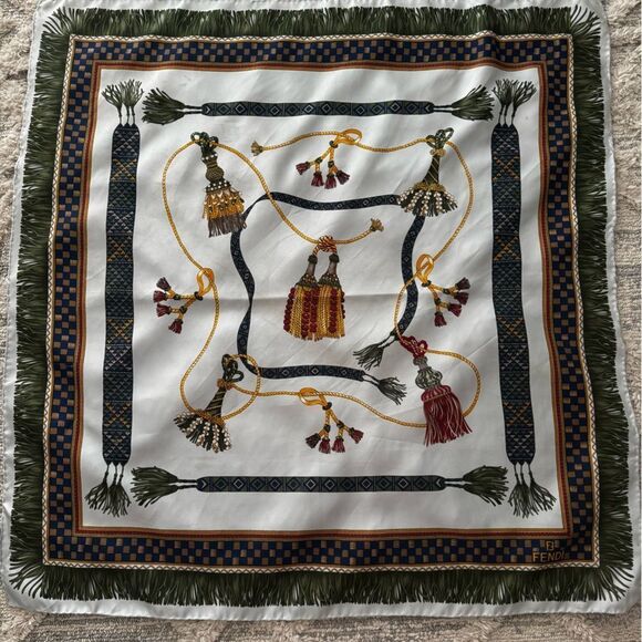 Vintage FENDI 100% Silk Scarf Tassel Rope Print 35x33” - Picture 4 of 14